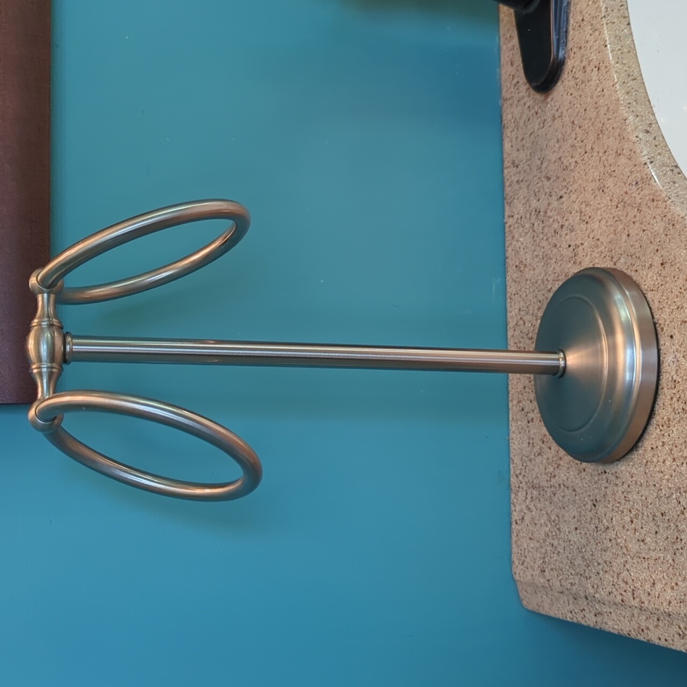 Towel Holder with Two Rings, Satin Nickel Finish, For Fingertip Towels.  Unused.